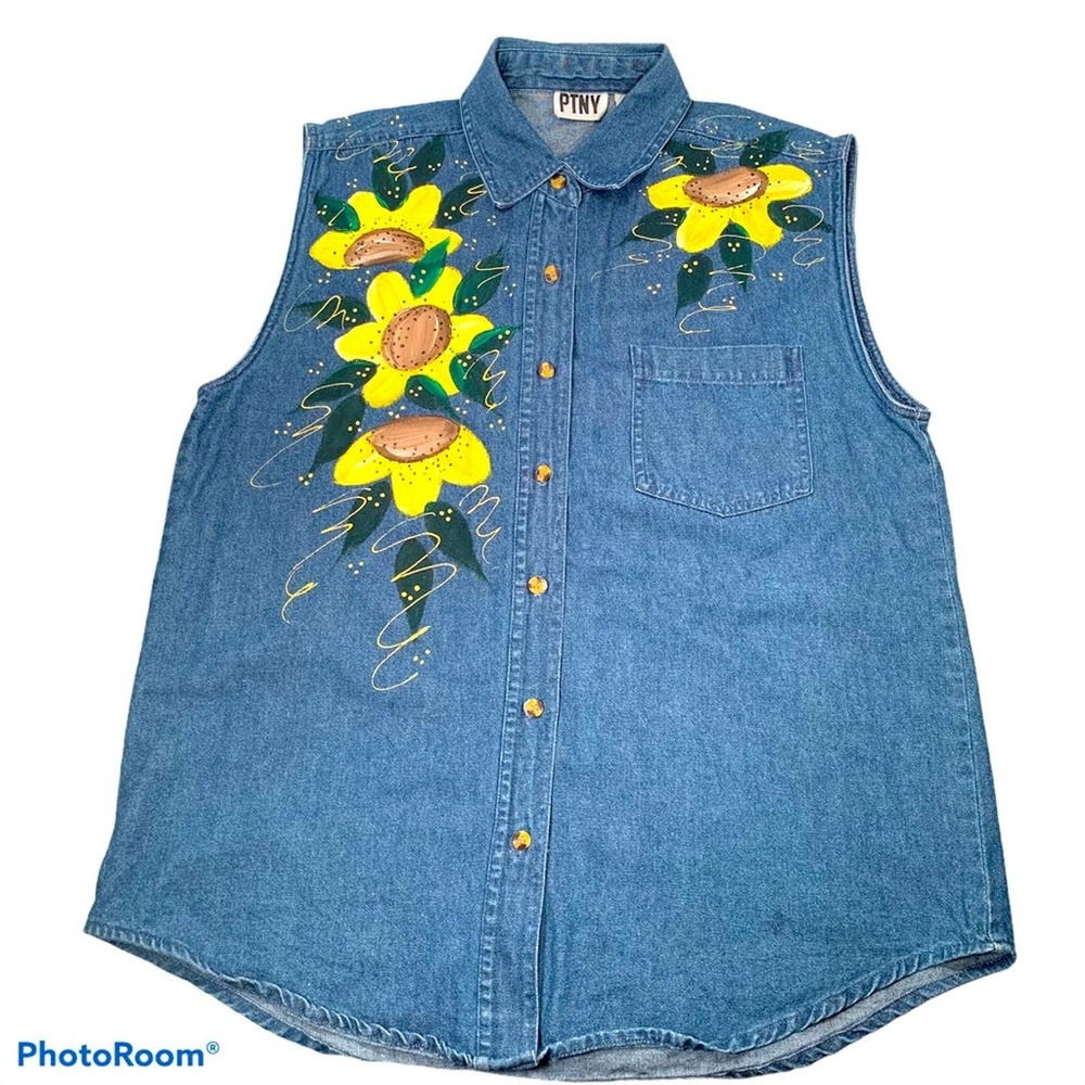 VINTAGE 90s Floral Denim Button Down Shirt XL Yellow Floral Glitter Puffy Paint